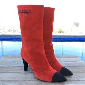 CHANEL Suede Calfskin Satin Cap Toe Boots 36 1/2